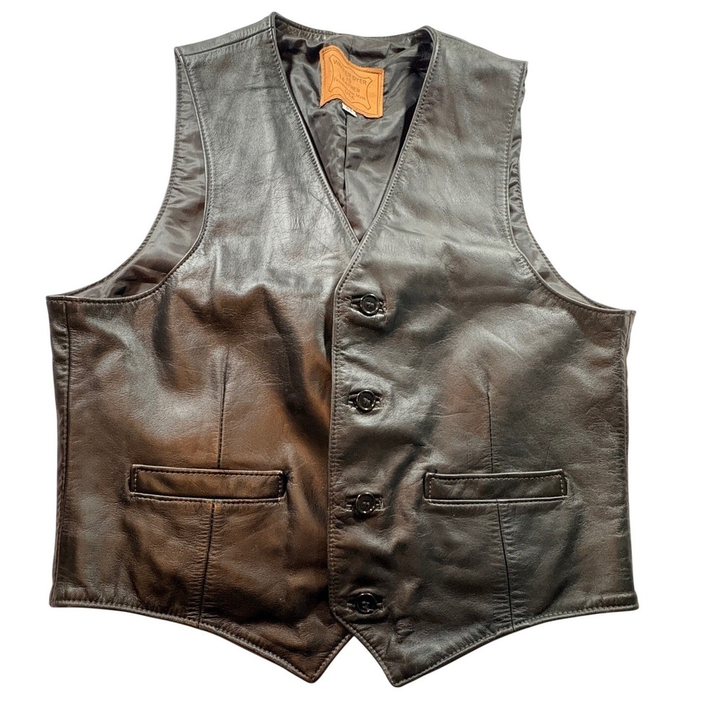 Walter Dyer Leather Vest Mens 44 Black Biker Motorcycle Waistcoat Made in USA